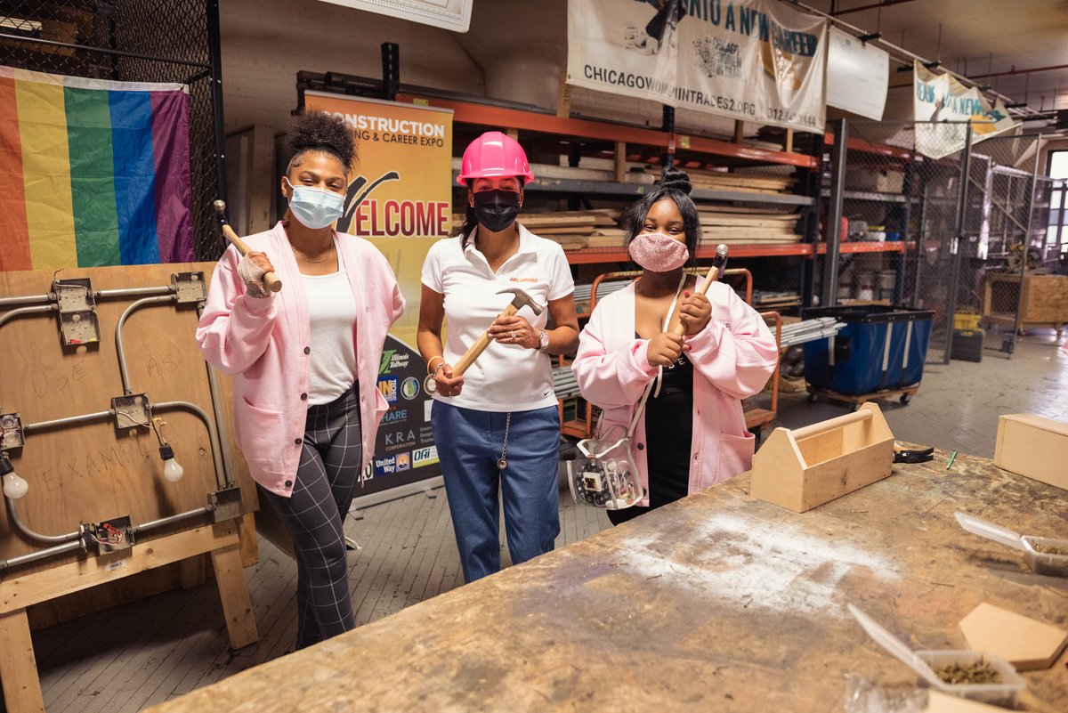 PolishedPebbles's tweet photo. BE WHO YOU CAN SEE! At our first #PinkHardHat Symposium last month, @PolishedPebbles girls learned #electrician and #carpentry skills at @CWITEquityCNTR with our #mentors and partners at @CiscoBuildUnion, @MidAmCarpenters and @milhouseinc. #womenintrades #womeninconstruction https://t.co/QubVGBdYyq