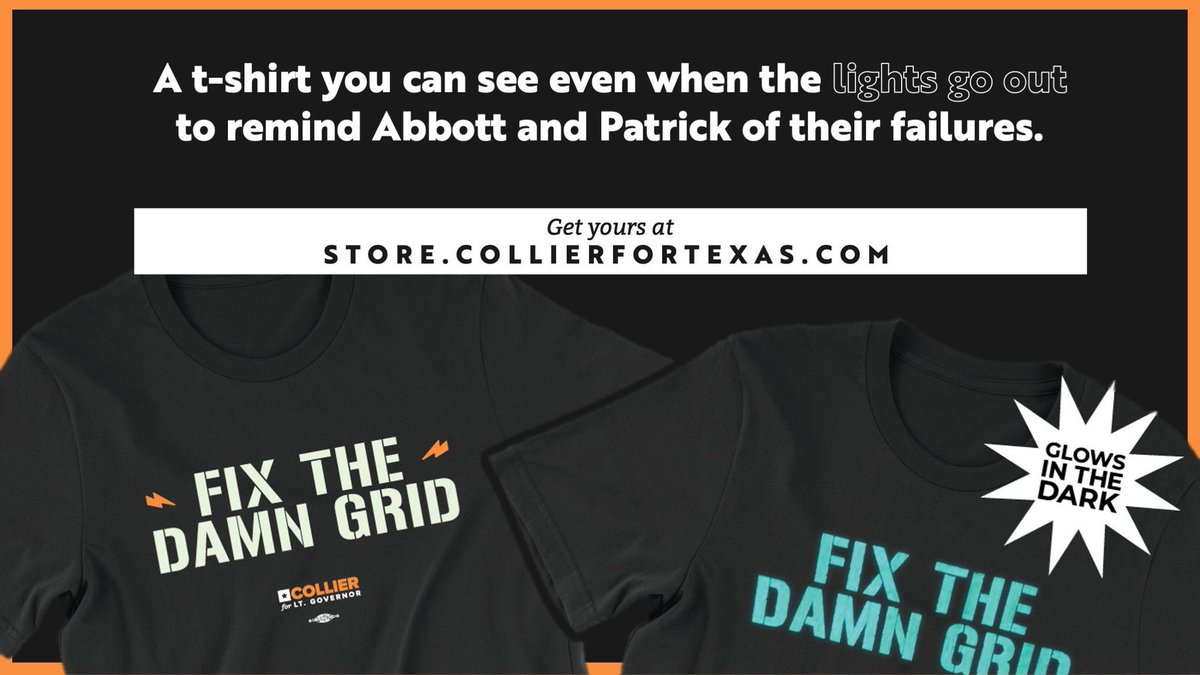 CollierForTexas's tweet photo. Don’t let Greg Abbott and Dan Patrick forget and get away with not fixing our rickety grid.

Get your Union-printed, made-in-the-USA shirt at https://t.co/M7G4C5oLuh. https://t.co/qODzfDFsy8