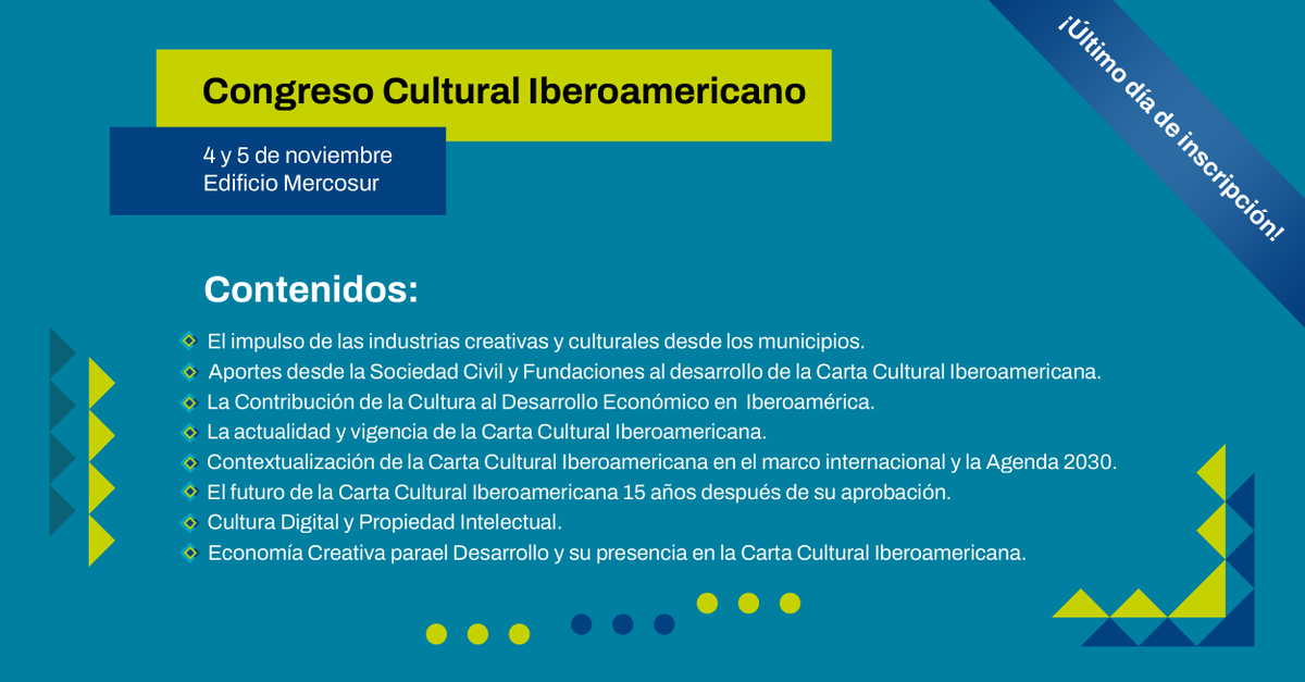 Congreso Cultural Iberoamericano en Montevideo.
Mañana y pasado en el Edificio del Mercosur.
Inscripción gratuita hasta hoy 6 pm en bit.ly/3q09O0w