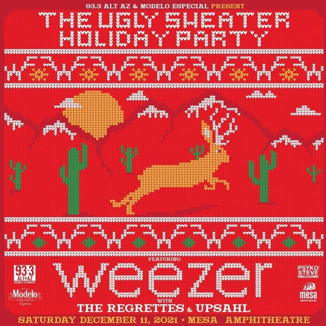 altaz933's tweet photo. 🎁 IT'S OFFICIAL 🎁
The final artist joining @Weezer and @regrettesband at Ugly Sweater is @upsahlmusic 🙌🥳🙏😭
VIP and general tickets are halfway GONE! Get em: https://t.co/2wVRNvqdYA We'll see you December 11th at @mesaamphitheatr!!! https://t.co/y9CoWOcuZd