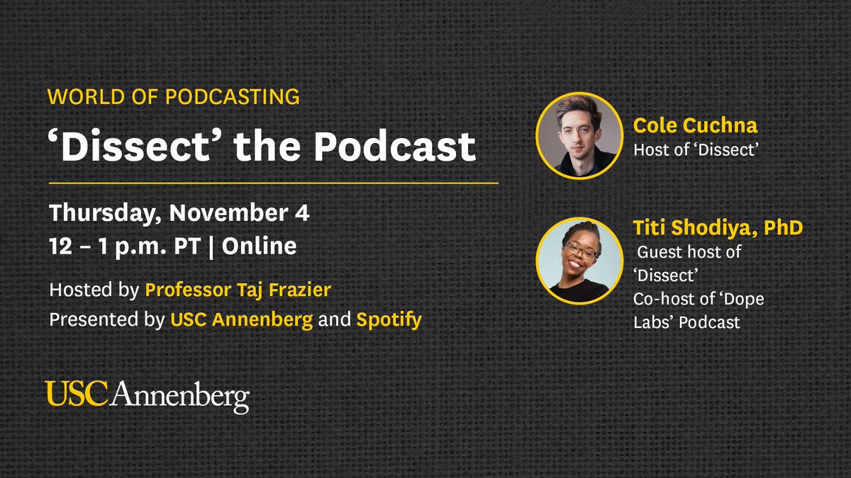 Join us tomorrow for a conversation on the impact of artistry on culture and to gain insight into what it takes to turn an original podcast from an independent project into a <a href="/Spotify/">Spotify</a> production! <a href="/USCAnnenberg/">USC Annenberg</a> <a href="/TajFrazier/">Taj Frazier</a>