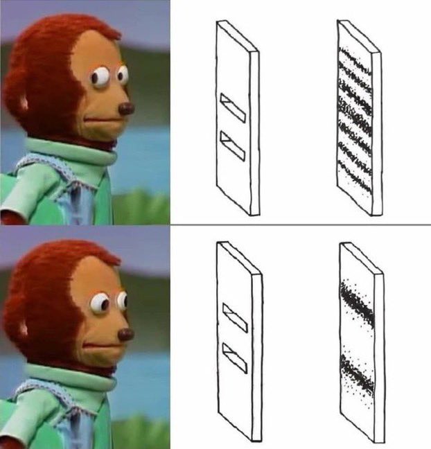 تعريف الفيزياء الكمومية باشهر ميمي 😂👍

الضوء بدون رصد ومراقبة يظهر على نمط موجي متداخل، وحال الرصد والمراقبة يظهر على نمط انعكاس جسيمي مستقيم