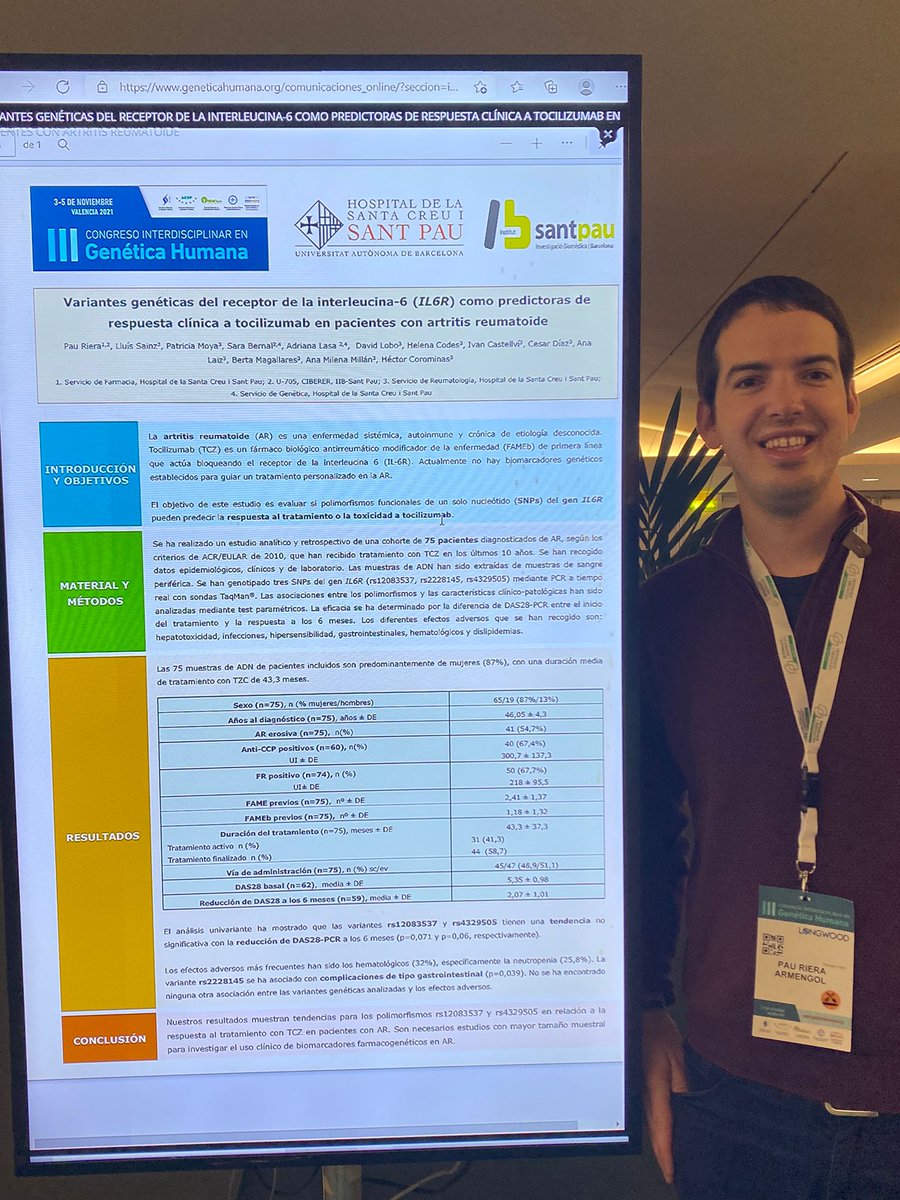 Pau Riera Armengol (@paurieraa) on Twitter photo Molt satisfet del nostre pòster sobre farmacogenètica del tocilizumab en artritis reumatoide acceptat al III Congrés Interdisciplinari en Genètica Humana (València) #CongresoGenetica21 <a href="/FarmaciaSantPau/">Farmàcia Hospital Sant Pau</a> <a href="/GeneticaSantPau/">GeneticaSantPau</a> <a href="/reuma_santpau/">Reumatologia Sant Pau-Dos de Maig</a> @IIBSantPau <a href="/HospitalSantPau/">Sant Pau - Campus Salut Barcelona</a> Molt satisfet del nostre pòster sobre farmacogenètica del tocilizumab en artritis reumatoide acceptat al III Congrés Interdisciplinari en Genètica Humana (València) #CongresoGenetica21 <a href="/FarmaciaSantPau/">Farmàcia Hospital Sant Pau</a> <a href="/GeneticaSantPau/">GeneticaSantPau</a> <a href="/reuma_santpau/">Reumatologia Sant Pau-Dos de Maig</a> @IIBSantPau <a href="/HospitalSantPau/">Sant Pau - Campus Salut Barcelona</a>
