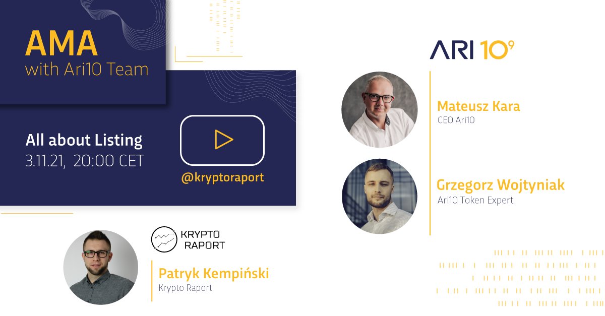ari10com's tweet photo. AMA: Everything you need to know before #ARI10 token listing 🚀

We are 🔴LIVE with @KryptoRaport, @mateuszkara_ and @Gregorari10 on Youtube now [PL] 🙂

👇Jump in and ask question 
https://t.co/t5pRBq0Mir https://t.co/OtZUVaZQAu