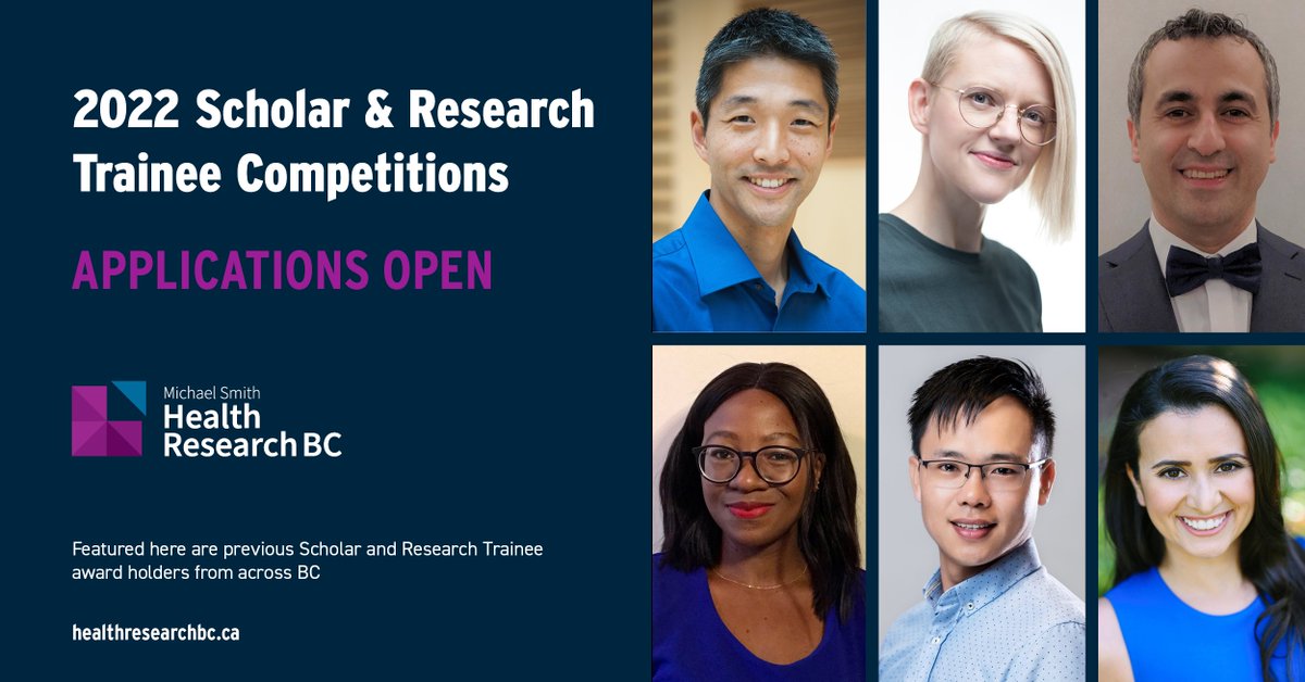 HlthResearchBC's tweet photo. FUNDING COMPETITION LAUNCH: Applications are now open for the 2022 Scholar &amp; Research Trainee Programs! These programs provide salary support to BC's next generation of health researchers to advance #Science &amp; improve the health of British Columbians. https://t.co/oBG9AntB8k https://t.co/QWpwHB7DnD