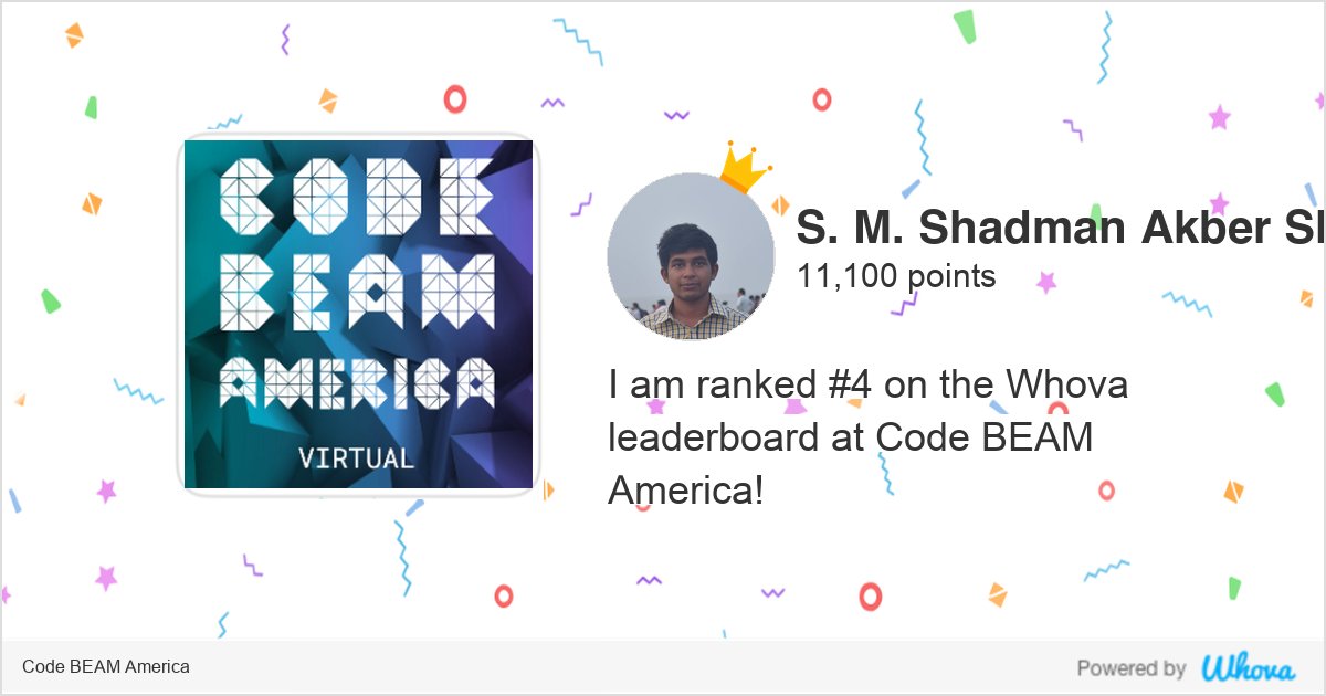 I am ranked 3 on the Whova leaderboard at Code BEAM America #CodeBEAM #CodeBEAMAmerica