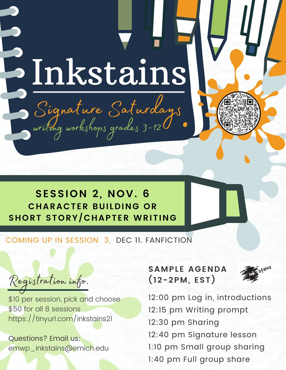 Inkstains: Signature Saturday virtual writing workshop continues in 3 days from noon-2 p.m. EST! 3rd-12th graders in age-appropriate zoom rooms. Register: tinyurl.com/inkstains21 #nwp <a href="/writingproject/">Writing Project</a> Email emwp_inkstains@emich.edu