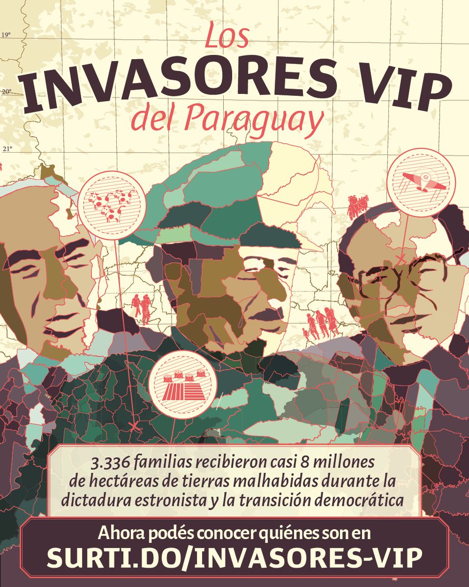 La dictadura estronista benefició de forma ilegal a políticos, militares, empresarios, abogados y hasta instituciones religiosas con tierras malhabidas del tamaño de Panamá.

🔗Ahora podés conocer quiénes son con el buscador de invasores VIP en 👉 surti.do/invasores-vip