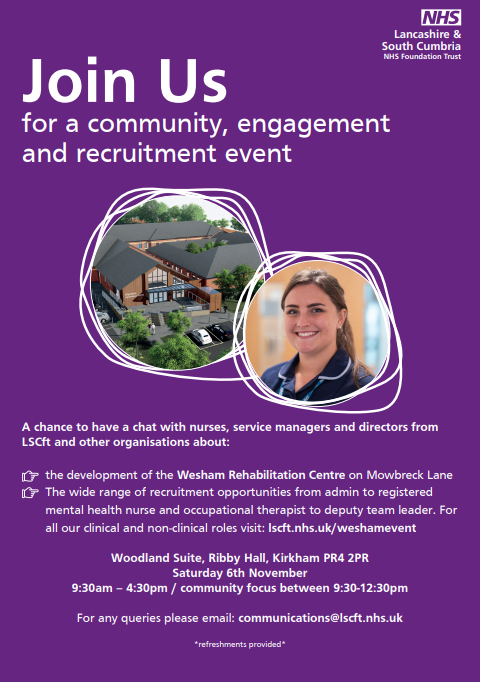 WeAreLSCFT's tweet photo. WE ARE HIRING! We have recruitment opportunities for our new Wesham Rehabilitation Centre. From admin to registered mental health nurse, from occupational therapist to deputy team leader, for all our roles visit: https://t.co/vcgD2mU27F
#workforthenhs #wearelscft https://t.co/OGQG6JORiX