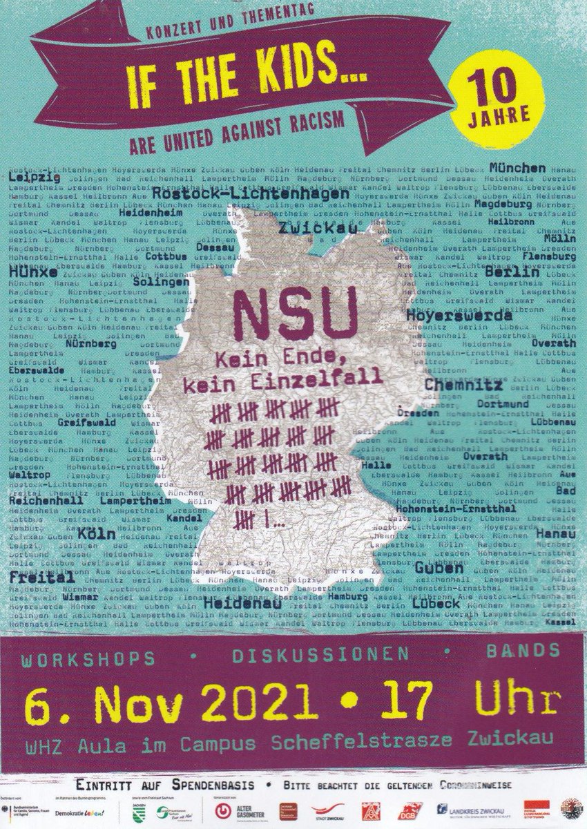 infoAsws's tweet photo. #ifthekidsareunited #NSUKomplexauflösen #keinEinzelfall #Zwickau 
Am 6.11.2021 findet das festival "if the kids are united" zum 10. mal statt. In der WHZ-Aula im Campus Scheffelstrasze in Zwickau erwarten euch Musik, Workshops, Infostände u.v.m. https://t.co/cfA6xdf4Xe