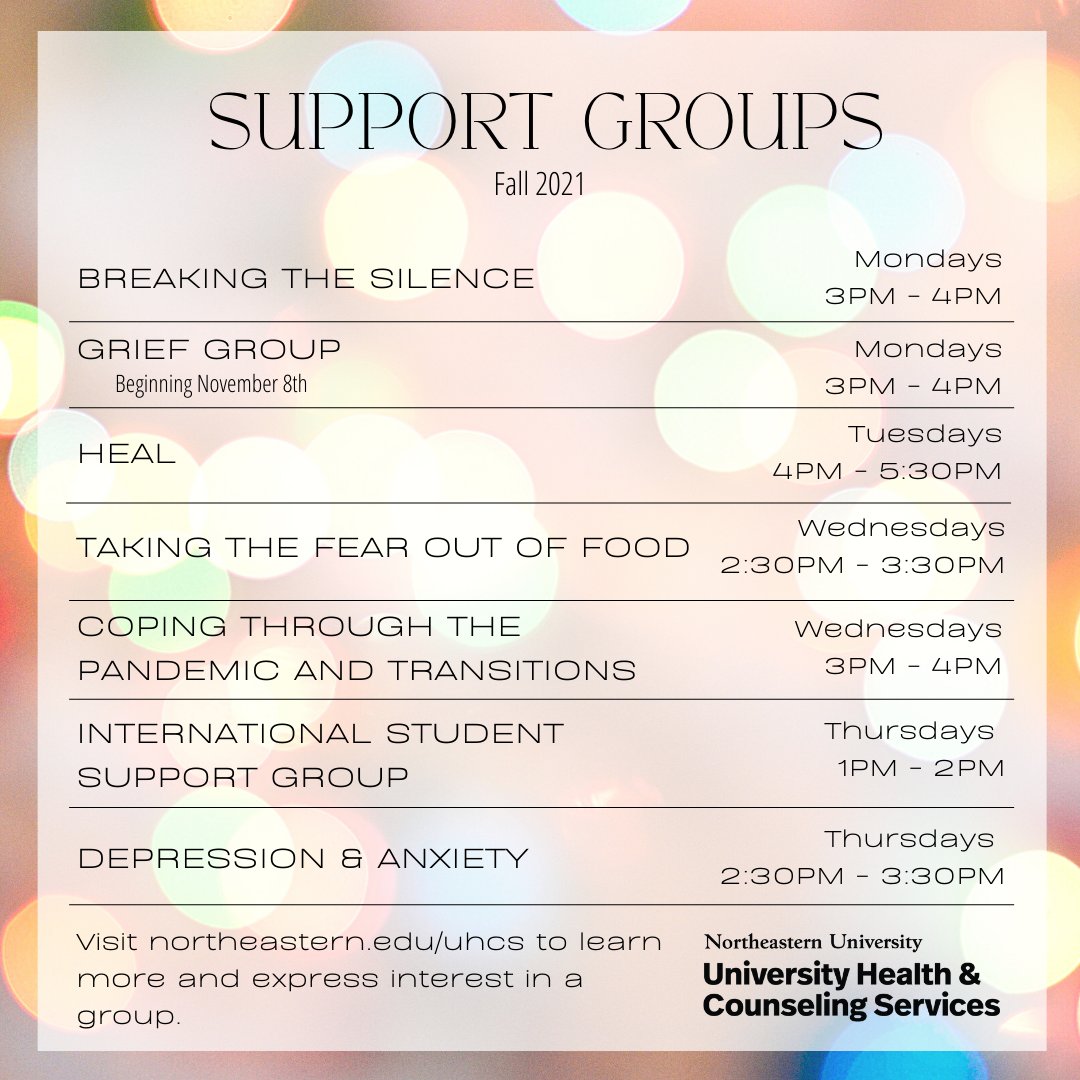 NU_UHCS's tweet photo. UHCS offers a variety of support groups. Starting this Monday we will add a Grief and Loss Support Group. To learn more, visit the UHCS Support Groups page to express interest and learn more. #SupportGroups #UHCS https://t.co/3PGjDIWjo3