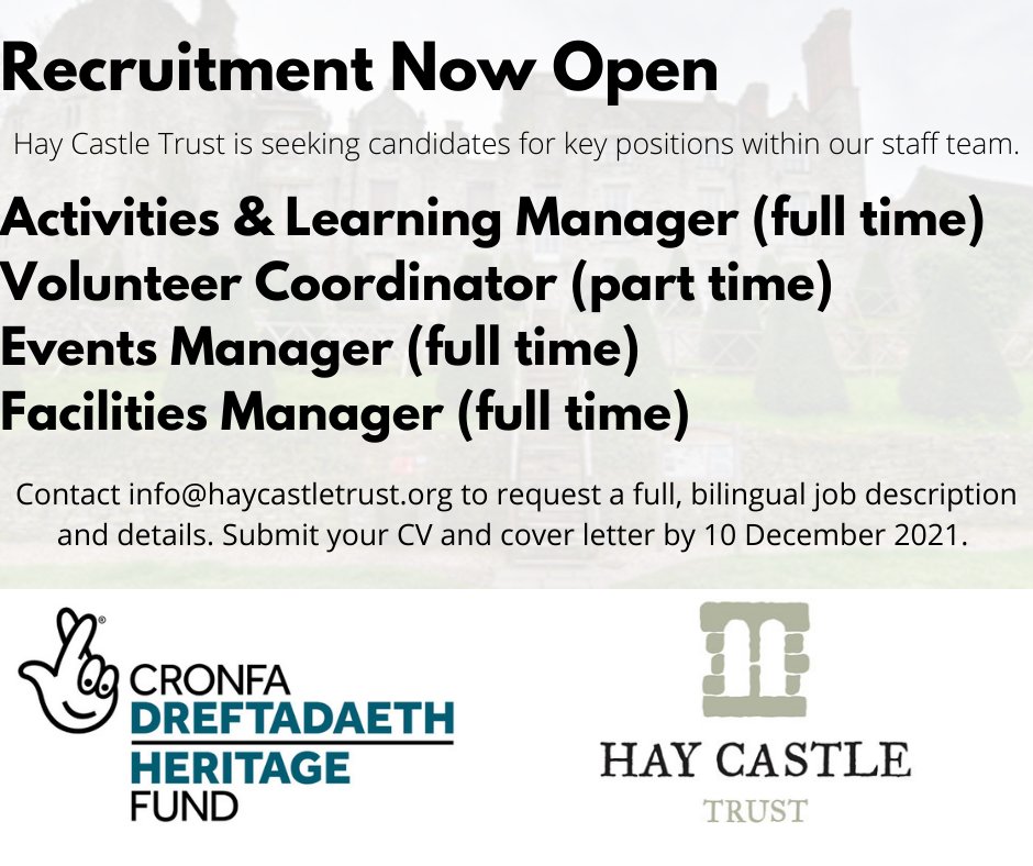 We are now recruiting for four key positions at Hay Castle. Get in touch for more details! info@haycastletrust.org