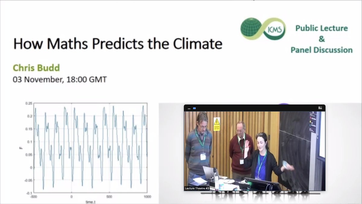 dajmeyer's tweet image. About to hear @cjbfordogs give an #ICMSPublicLecture on "How maths predicts the climate" @ICMS_Edinburgh -- a bonus lecture for my @UCSDMathDept Mathematical Modeling class! #ClimateCrisis #COP26