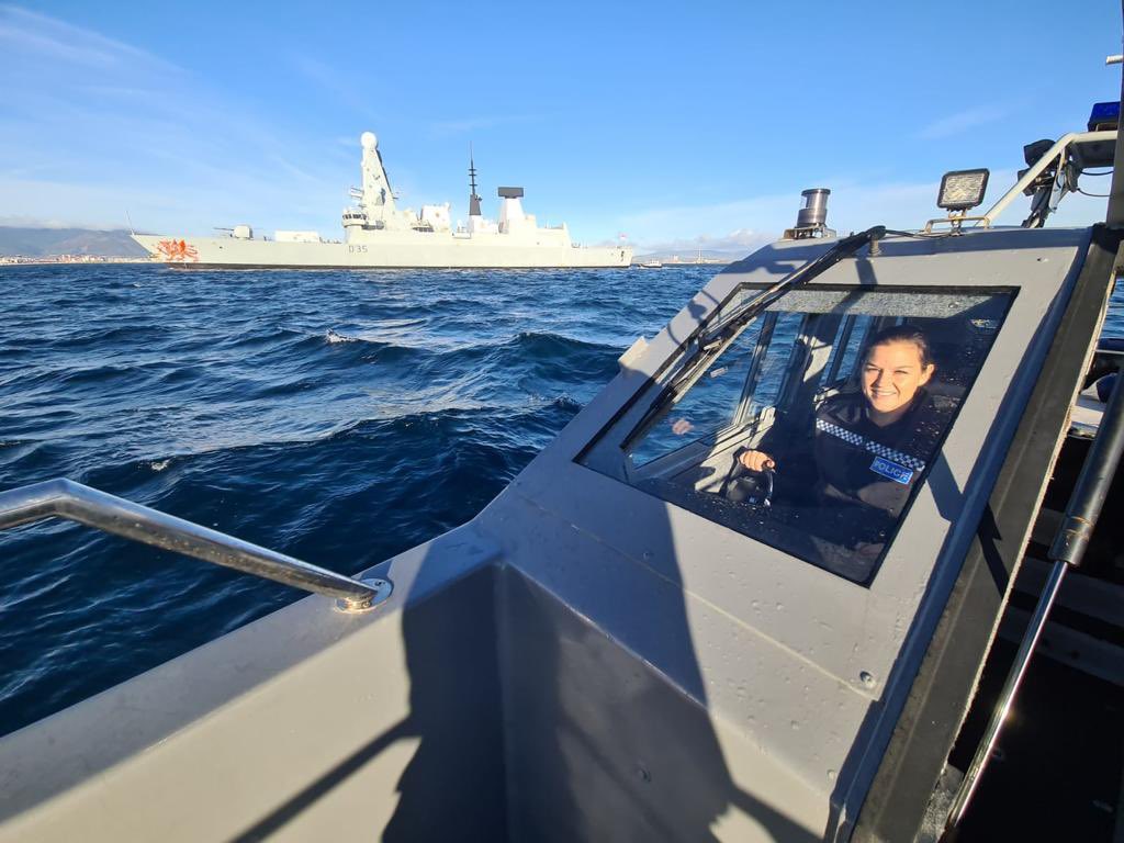 MODGibraltar's tweet photo. Recently promoted Sergeant Kimberley Beer-Martinez out on the water keeping a watchful eye on @HMSDragon 

#Police
#Patrol 
#Gibraltar https://t.co/PmYXqpSJK8