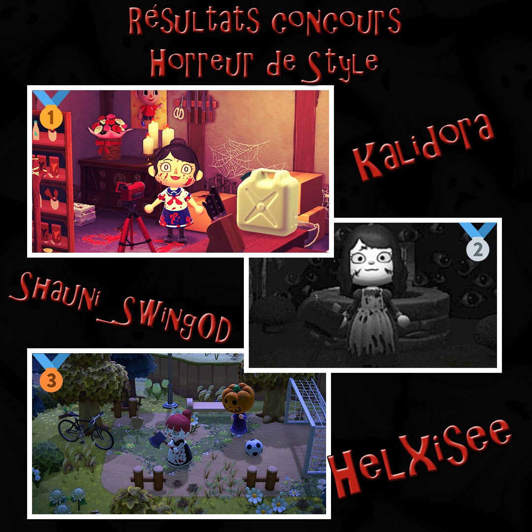 ACNH_FR_Discord's tweet photo. Félicitations aux gagnants de notre concours de Style "Horreur" de ce mois-ci !
🥇Kalidora#7662
🥈Shauni_SwingOD#6597
🥉Helxisee#1702

Rendez-vous sur notre Discord pour participer aux prochains concours !
https://t.co/44u3TF5EBD https://t.co/XPsJRlGnkM