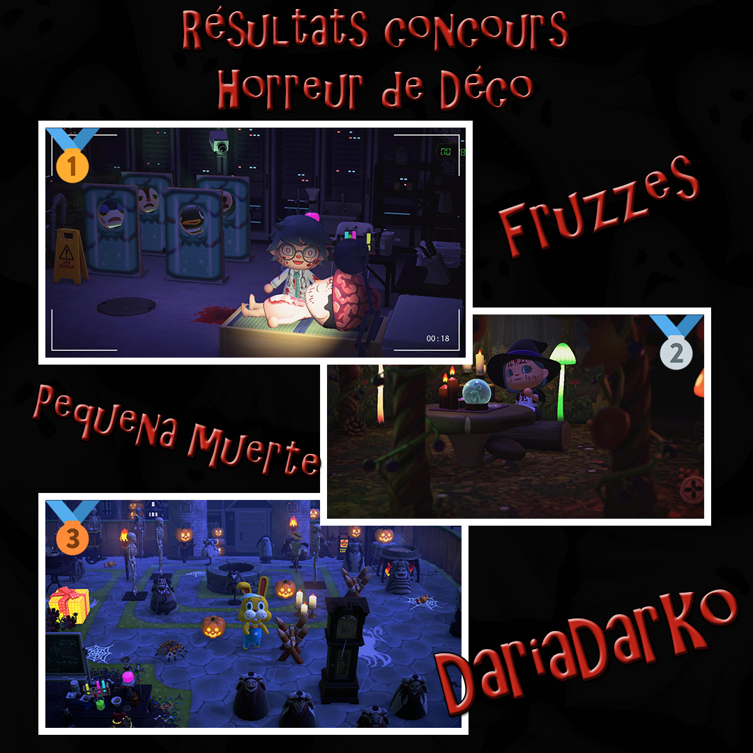 ACNH_FR_Discord's tweet photo. Félicitations aux gagnants de notre concours de Déco "Horreur" de ce mois-ci !
🥇Fruzzes#5391
🥈Pequeña muerte#3159
🥉DariaDarko#6425

Rendez-vous sur notre Discord pour participer aux prochains concours !
https://t.co/44u3TF5EBD https://t.co/5dS4bINDqF
