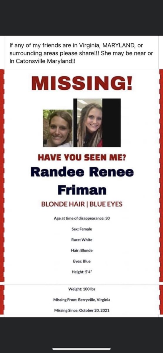 chelcfinds's tweet photo. Sharing from a group I’m in - It’s said she could be in #VA #MD #PA possibly #Catonsville! #MissingInAmerica #Randee #MissingPersons #SomeoneKnows https://t.co/vxs0xcoqWL
