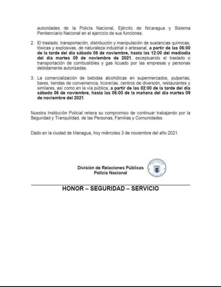 La Policía Nacional da a conocer a las Medidas Policiales para garantizar el buen desarrollo de las Elecciones Generales 2021, que se realizarán en nuestro país el próximo domingo 7 de noviembre.
#A4DiasDeLaVictoria
#TodosJuntosVamosAdelante
#NoviembreVictorioso
#Nicaragua