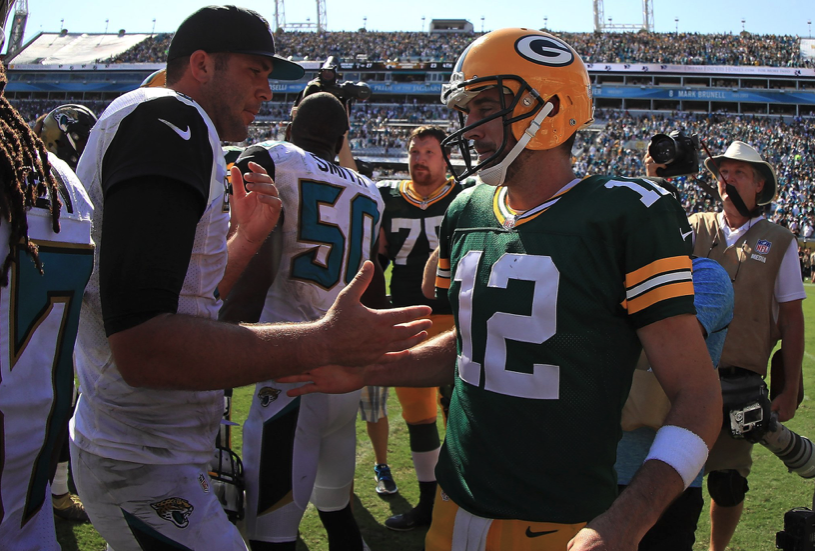NFLonCBS's tweet photo. Playoff records since 2017:

Blake Bortles:      2-1
Aaron Rodgers:   2-2 https://t.co/9ToRYKUVlZ