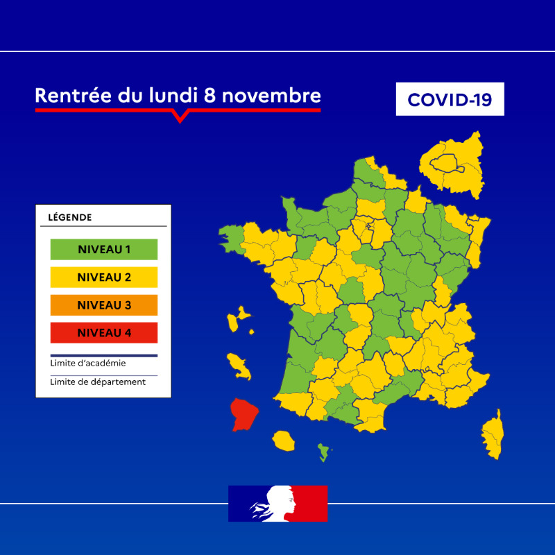 education_gouv's tweet photo. #COVID19 | Retour des vacances d’automne : retrouvez quel est le protocole sanitaire applicable dans les écoles, coll��ges et lycées de votre département le 8 novembre 2021.