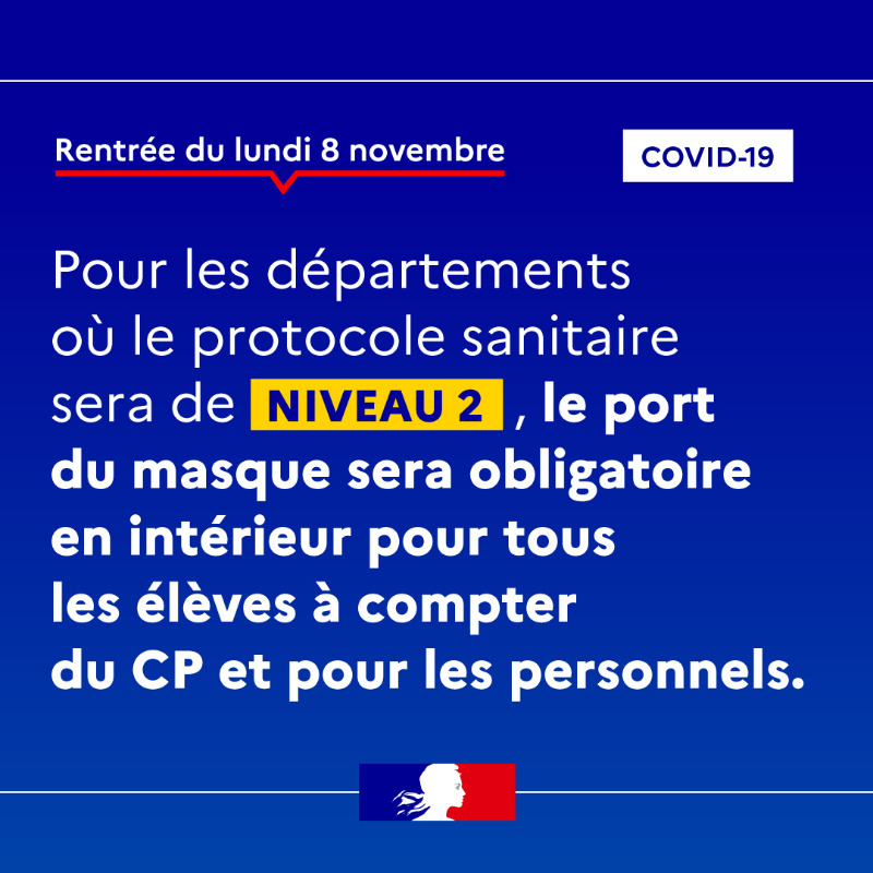 education_gouv's tweet photo. #COVID19 | Retour des vacances d’automne : retrouvez quel est le protocole sanitaire applicable dans les écoles, coll��ges et lycées de votre département le 8 novembre 2021.