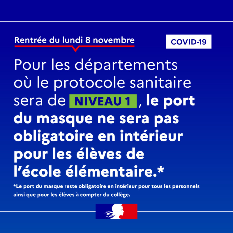 education_gouv's tweet photo. #COVID19 | Retour des vacances d’automne : retrouvez quel est le protocole sanitaire applicable dans les écoles, coll��ges et lycées de votre département le 8 novembre 2021.