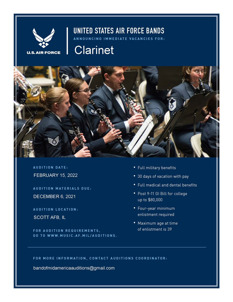 USAFBoMA's tweet photo. #Auditions #militaryband #USAFBands #clarinetjobs #percussionjobs #clarinet #percussion https://t.co/KWI0NJ7nsc