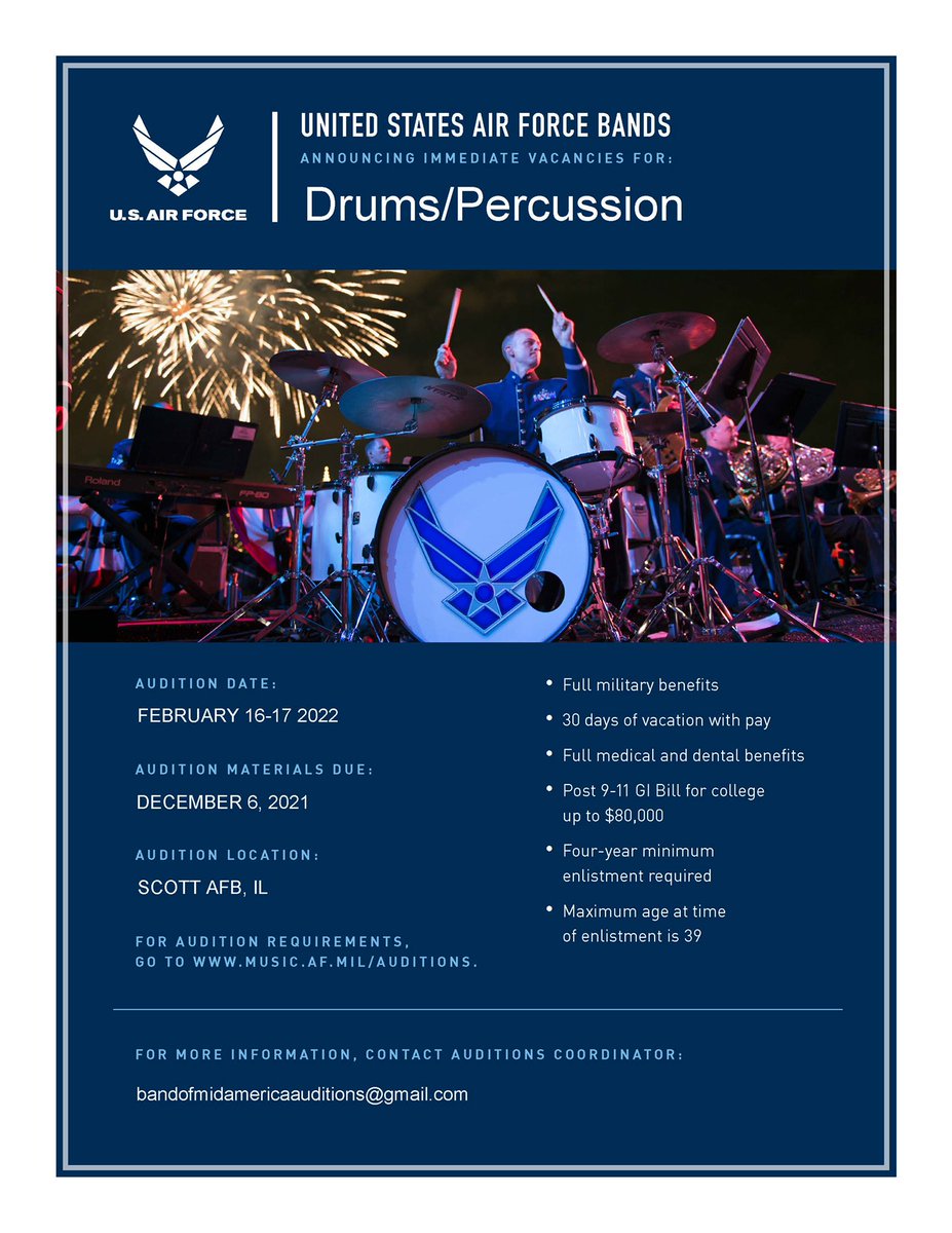 USAFBoMA's tweet photo. #Auditions #militaryband #USAFBands #clarinetjobs #percussionjobs #clarinet #percussion https://t.co/KWI0NJ7nsc