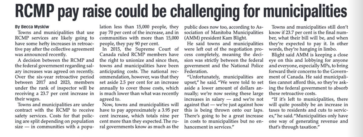 AMMManitoba's tweet photo. RCMP pay raise could be challenging for municipalities

AMM President @kamblight said municipalities cannot afford this so they're asking the federal government to absorb these retroactive costs. #cdnpoli #mbpoli #wpgpoli https://t.co/T16Zht1oUa