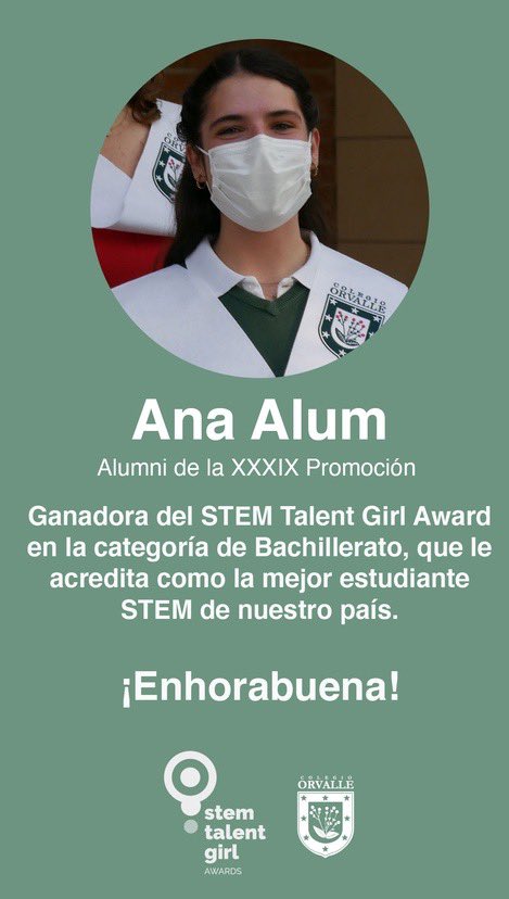 colegio_orvalle's tweet photo. 🥳 ¡Nuestra más sincera enhorabuena, Ana!
#OrgullodeAlumnas #OrgullodeAlumni #STGAwards https://t.co/tpxBnAm8JF