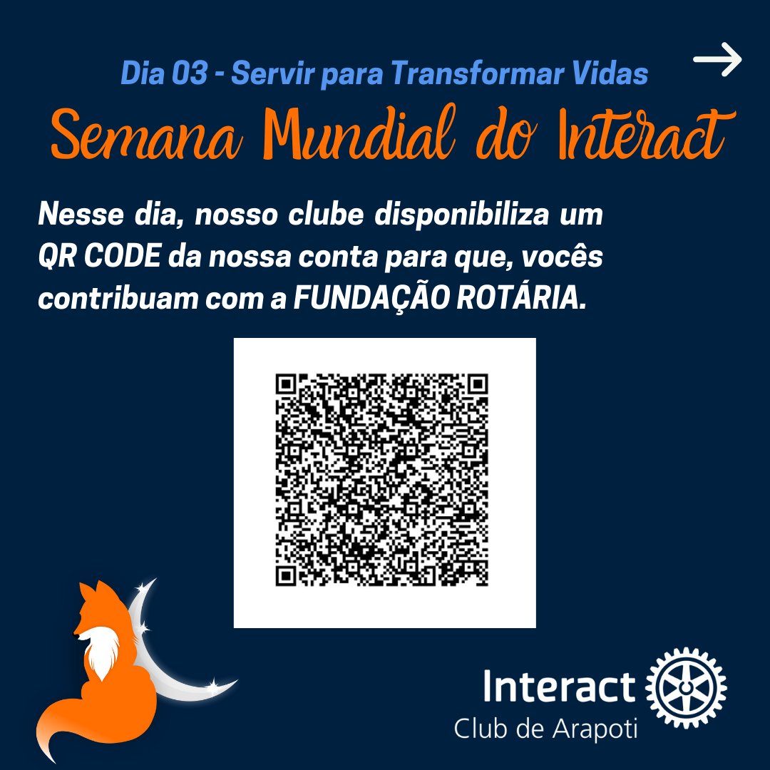 ic_arapoti's tweet photo. TERCEIRO DIA - SMI | 🦊🌙🧡

Nosso clube no terceiro dia da Semana Mundial do Interact, divulgou o QR CODE  da nossa conta bancária com o intuito de arrecadar fundos para a Fundação Rotária! Nos doando *TRÊS REAIS E QUARENTA CENTAVOS* você automaticamente comprará uma dose da ++ https://t.co/jJSqoeTV7W