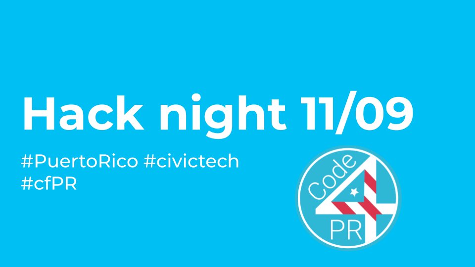 Se acerca nuestro #hacknight de noviembre 🎉

Ven y conoce nuestros proyectos y personas como tu que están interesadas en ayudar a #PuertoRico

Regístrate en buff.ly/3BzxvPD

#civictech #cfpr