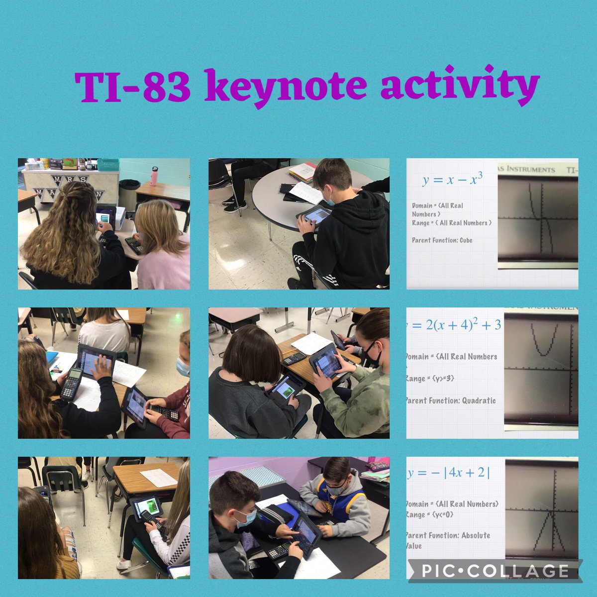 Mrs_Maksin's tweet photo. Algebra 1 graphed on the TI-83 calculators and then used Keynote to describe each graph.@MrHartnett212 #EFcreates https://t.co/702370bq95