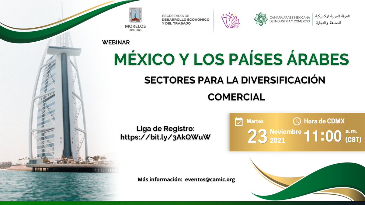 CAMICMEX's tweet photo. Los invitamos al webinar "México y los Países Árabes, sectores para la diversificación comercial" organizado por @CAMICMEX en coordinación con la @SDEyT_Morelos que se llevará a cabo el próximo martes 23 de noviembre a las 11:00 am. Regístrate en: https://t.co/Q7lZu5enqY https://t.co/puyo1BwDy8