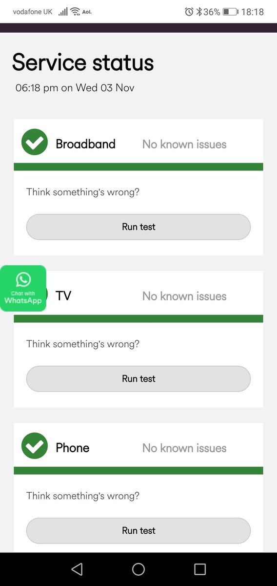 pabujam's tweet photo. @virginmedia TV Picture keeps pixelating. Called Virgin and they ran a test and said there is an intermittent signal error and to check status for updates. Then I get status below but when diagnostic ran I get the second screenshot so which is it please? https://t.co/wXAsk6nRqD