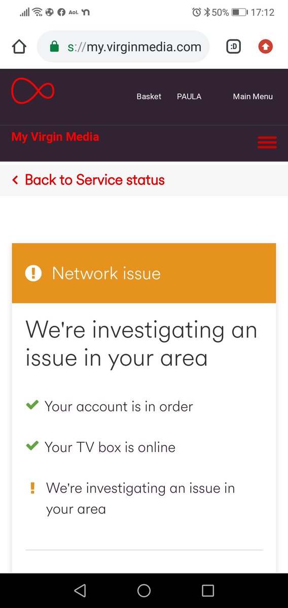 pabujam's tweet photo. @virginmedia TV Picture keeps pixelating. Called Virgin and they ran a test and said there is an intermittent signal error and to check status for updates. Then I get status below but when diagnostic ran I get the second screenshot so which is it please? https://t.co/wXAsk6nRqD