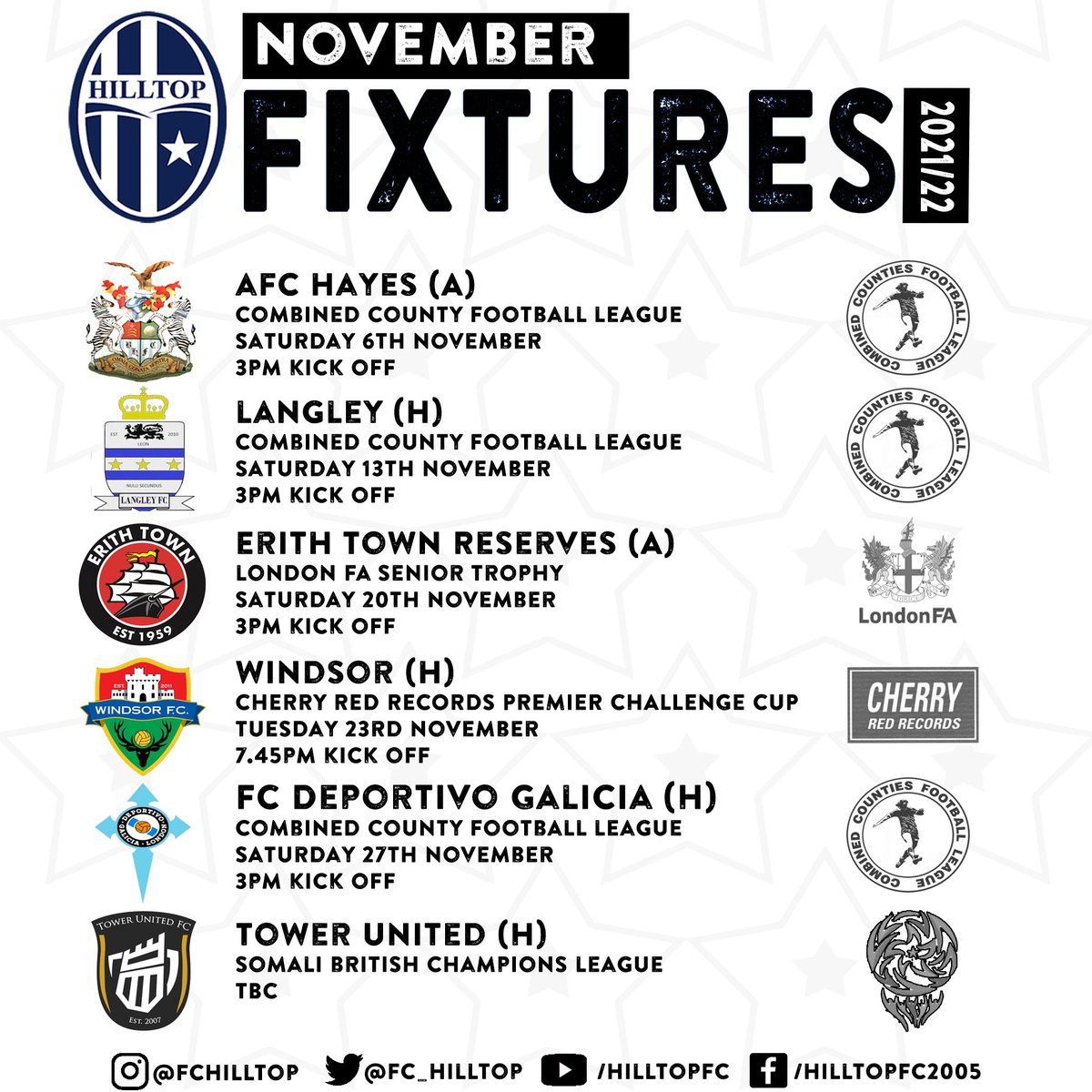November Fixtures ⚽️ 📆

3 league games and 2 Cup games and SBCL Group B match. 

#hilltopway #grassrootsfootball #ccfl #cherryredrecords #sbcl #londonfaseniorcup #londonfa