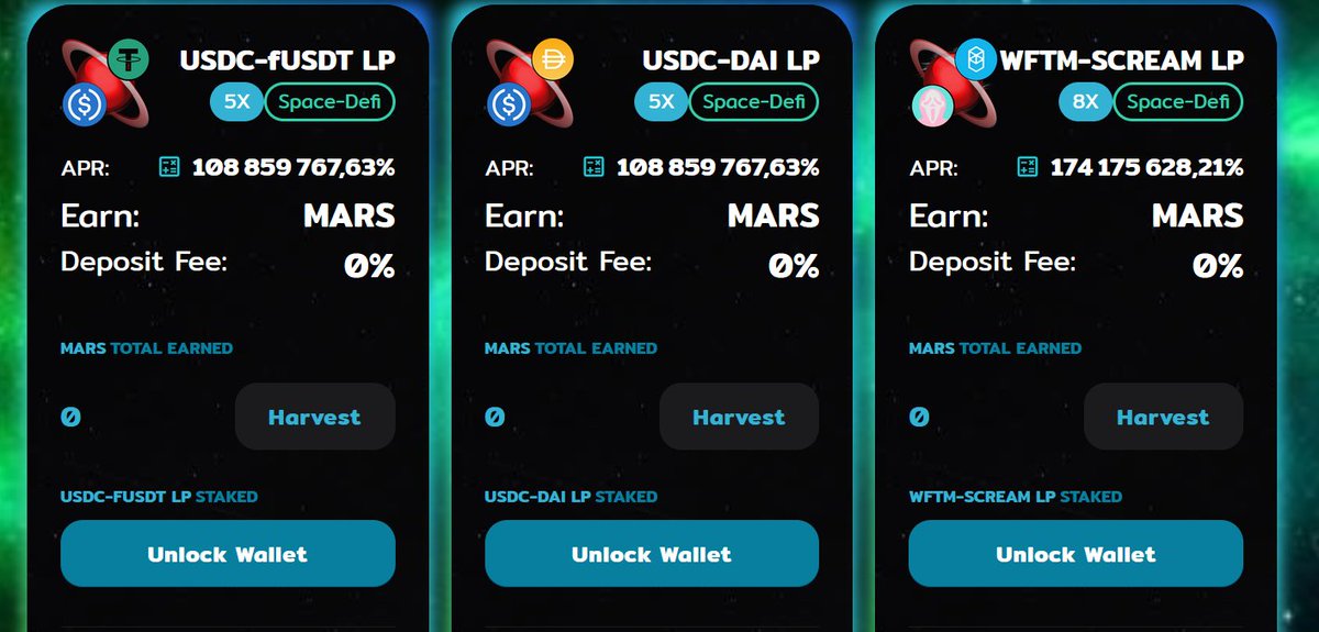 add liquidity and receives a portion of all trading fees

you can also earn $MARS by depositing your LP in our farms: 0 DEPOSIT FEE, NO LOCK UP TIMER

documentation spacedefi.gitbook.io/space-defi-fan…

⭐️ftm-mars.space-defi.com/Pools⭐️

#DEFI  @FTMAlerts
 #FTM @monkeyhunterftm <a href="/FantomFDN/">Fantom Opera</a> #Fantom