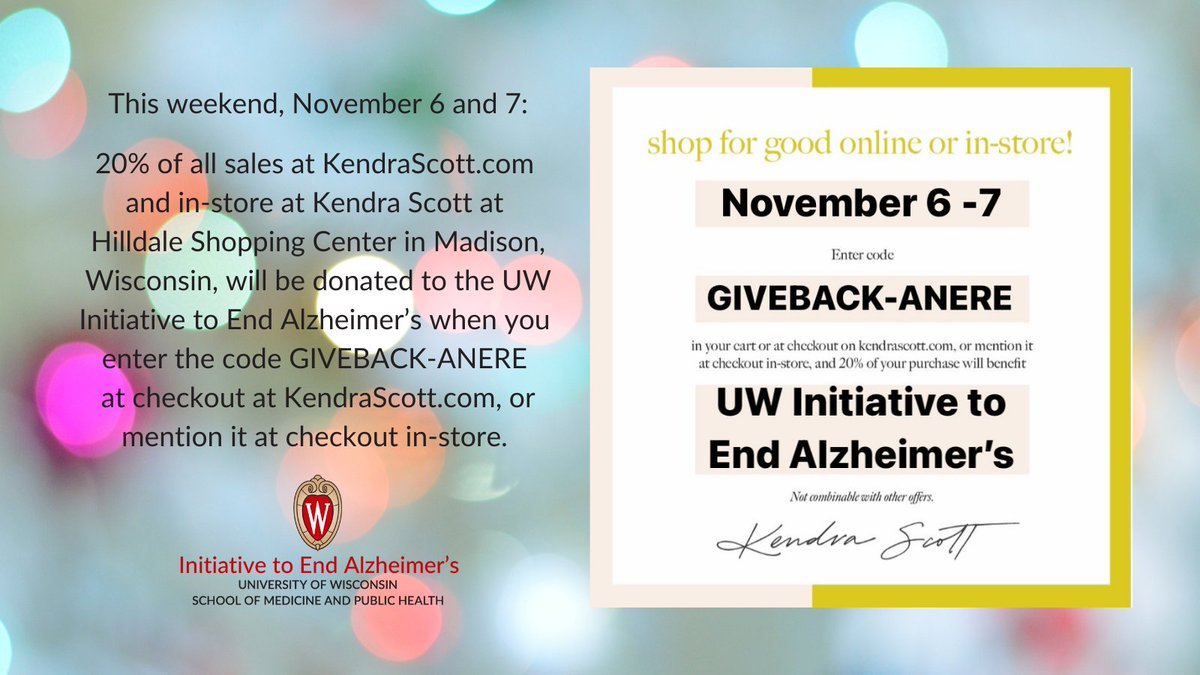 UW_IEA's tweet photo. This weekend! 20% of all sales at https://t.co/IF0OVrA8pY and in-store at @KendraScott at Hilldale in Madison, WI, go to the @UW_IEA #GreatestNeedsFund when you enter the code GIVEBACK-ANERE at checkout at online, or mention it at checkout in-store. 

#AlzheimersAwarenessMonth https://t.co/h6iVaRK6wz