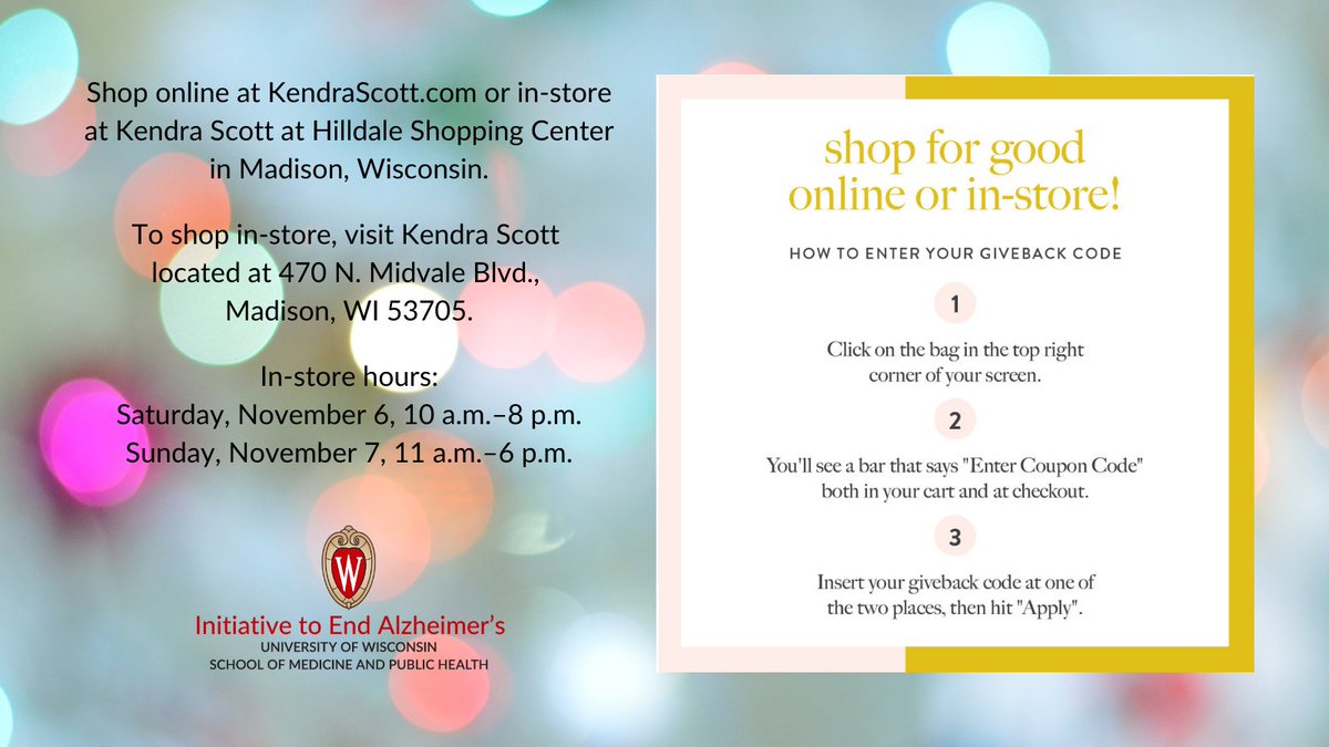UW_IEA's tweet photo. This weekend! 20% of all sales at https://t.co/IF0OVrA8pY and in-store at @KendraScott at Hilldale in Madison, WI, go to the @UW_IEA #GreatestNeedsFund when you enter the code GIVEBACK-ANERE at checkout at online, or mention it at checkout in-store. 

#AlzheimersAwarenessMonth https://t.co/h6iVaRK6wz