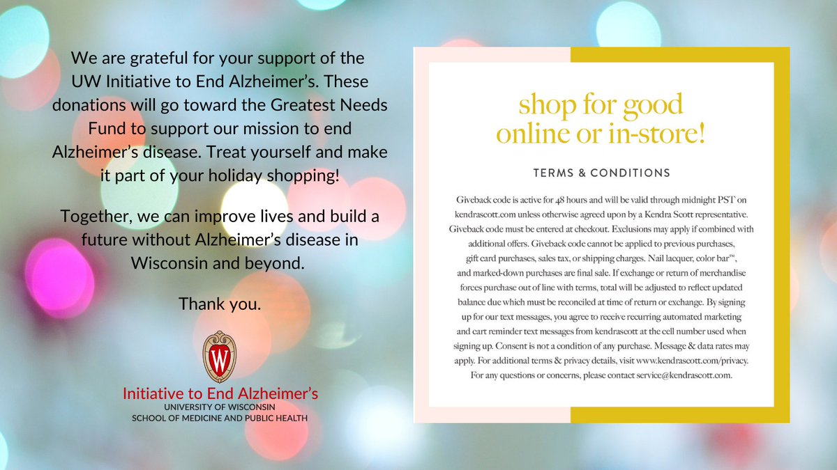 UW_IEA's tweet photo. This weekend! 20% of all sales at https://t.co/IF0OVrA8pY and in-store at @KendraScott at Hilldale in Madison, WI, go to the @UW_IEA #GreatestNeedsFund when you enter the code GIVEBACK-ANERE at checkout at online, or mention it at checkout in-store. 

#AlzheimersAwarenessMonth https://t.co/h6iVaRK6wz