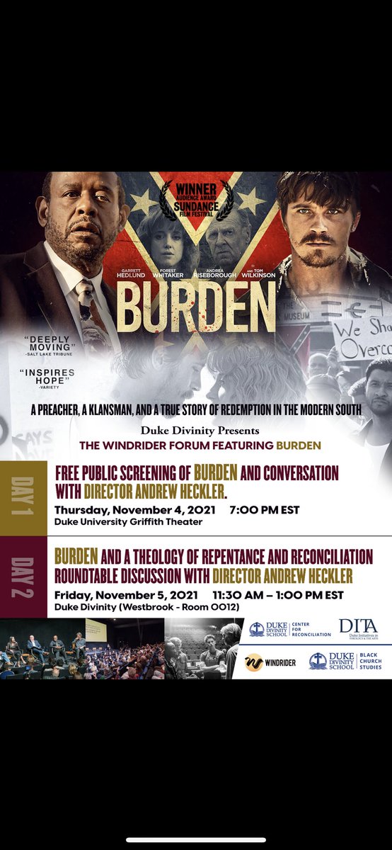 DukeOBCS's tweet photo. Join OBCS on Thursday, November 4th and Friday, November 5th for our 2 day event : FREE movie screening “Burden” and a Roundtable discussion with the director, Andrew Heckler. Virtual options will be available. #DukeDivinity #DukeOBCS https://t.co/vdJCHPMwiw