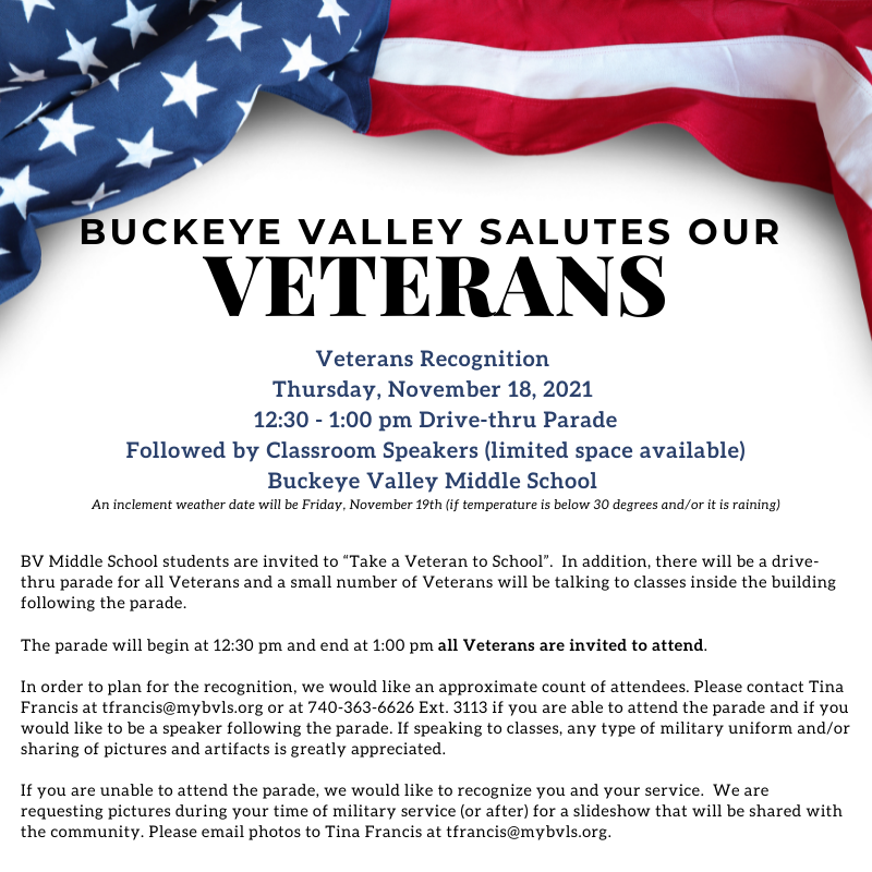 BV is excited to honor those who have served by inviting ALL VETERANS to the Veterans Recognition being held on Nov. 18. We hope you will join us for what has become a special day for our students and staff as we honor and thank our Veterans for their service to our country.