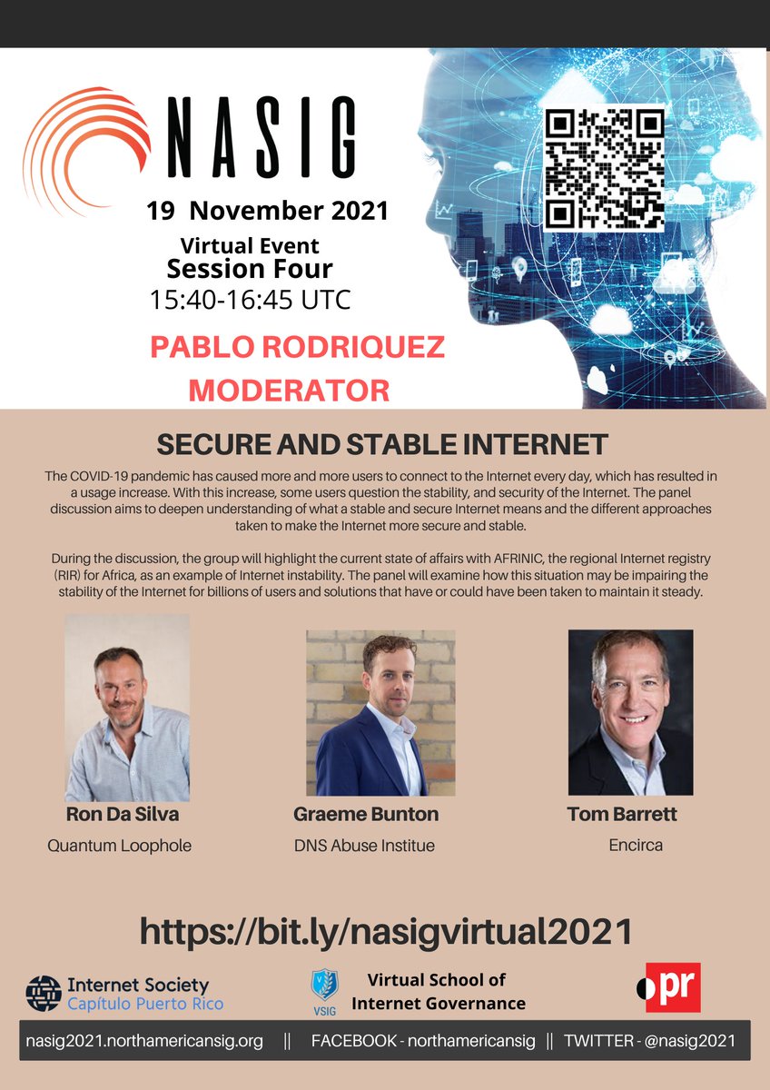 nasig2021's tweet photo. Want to hear about a "Secure and Stable Internet". Join us! 18 - 19 November a Virtual event. Take a look at the programme at - https://t.co/PjHQZd5dgf Register at - https://t.co/l3exb5ZNSb @teamnaralo @ISOCPR @EducaPR @puntoPR @ISOC @ICANNAtLarge https://t.co/mcChj54y0m