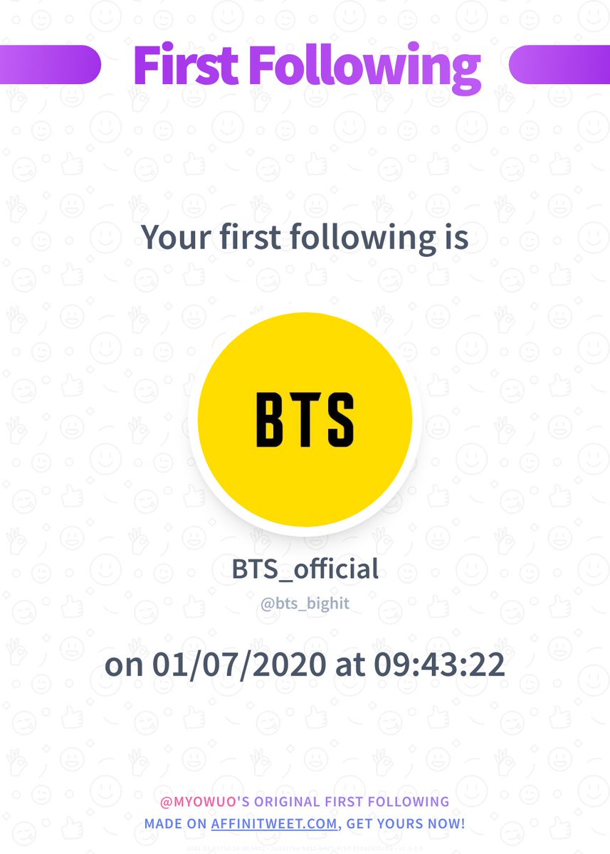 myowuo's tweet photo. ✨ First Following

I just discovered my first following on Twitter, it's bts_bighit and I followed them on 01/07/2020 at 09:43:22!
Who's your first following?

➡�� https://t.co/ce70uMb0EK https://t.co/r046FR0slE