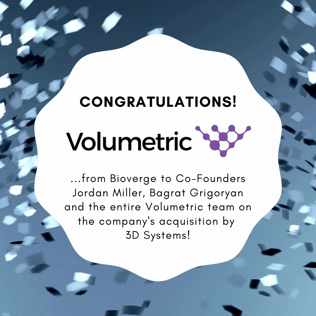 biovergehq's tweet photo. In a deal just announced this week, Bioverge portfolio company Volumetric has entered into an agreement for acquisition by 3D Systems (NASDAQ: DDD). 

We could not be more thrilled for the Volumetric team and for participating Bioverge investors on the successful exit! https://t.co/m9MMRy442W