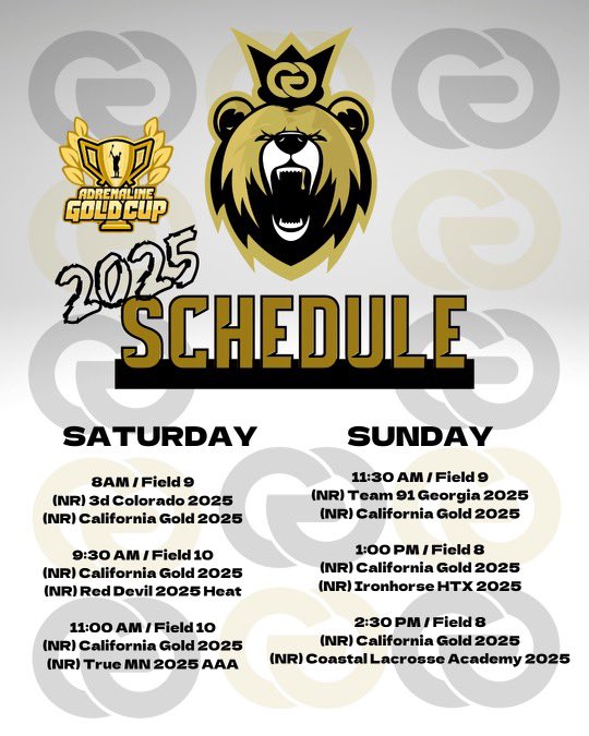 California Gold LC (@caligold_lc) on Twitter photo Game Schedules for this Weekends <a href="/AdrlnEvents/">Adrenaline Events</a> Gold Cup!
#CaliforniaGoldLC #ForThePlayers Game Schedules for this Weekends <a href="/AdrlnEvents/">Adrenaline Events</a> Gold Cup!
#CaliforniaGoldLC #ForThePlayers