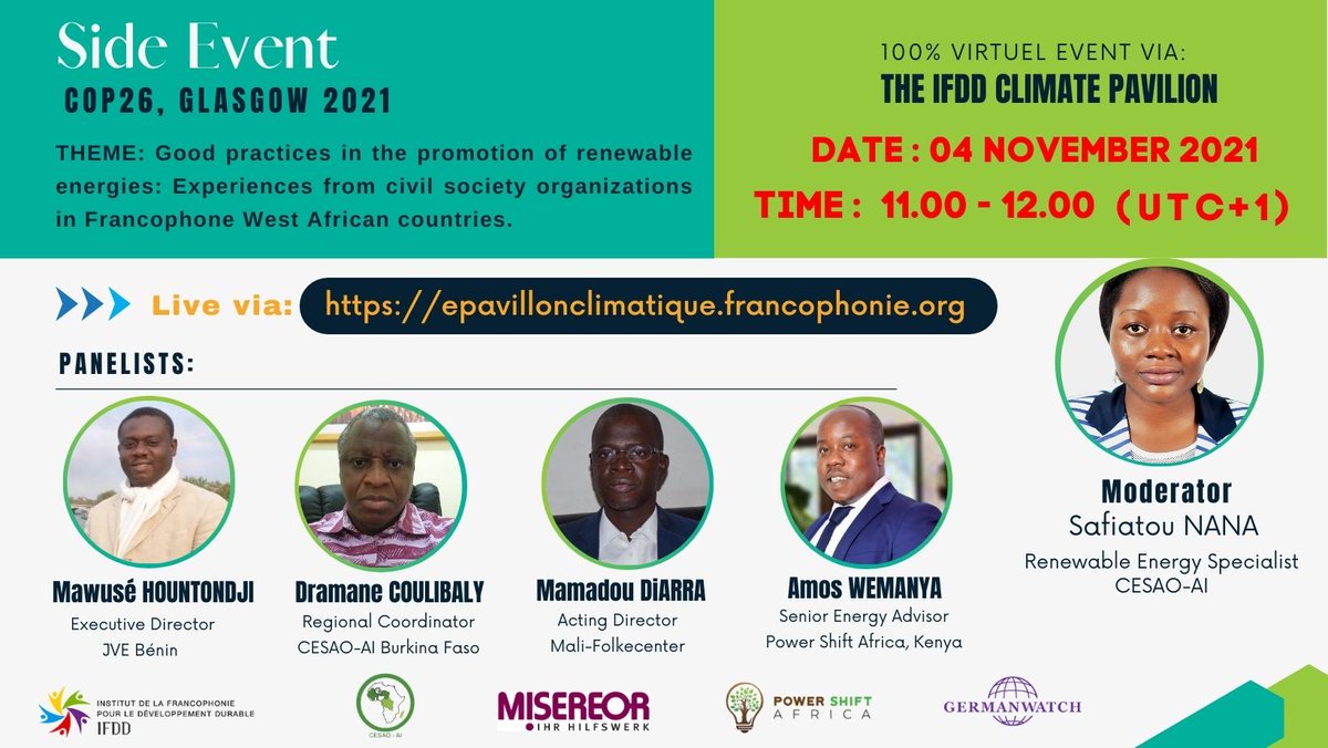 cesaoai's tweet photo. Follow the discussions with our panelists via the climate pavilion of IFDD tomorrow at 11.00 am UTC+1
https://t.co/bMCCUYGOMm
#COP26 #PaSCOP_ARI #ClimateEmergency #ActOnClimate #renewableenergy #climatecrisis #cop26glasgow #ClimateActionNow @germanwatch @Misereor @PowerShftAfrica https://t.co/ZCg0MruFj4