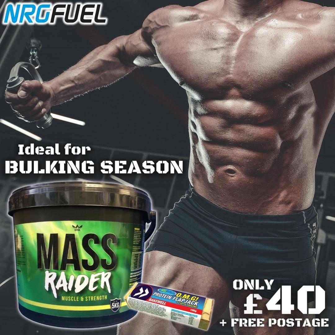 IDEAL FOR BULKING SEASON! 💪

Mass Raider is a POWERFUL MASS BUILDER, packed with high-quality whey protein, carbohydrates and critical MCTs needed to FEED YOUR MUSCLES 💪 and support HIGH-INTENSITY WORKOUTS! 🏋️‍♀️

Only £40 with FREE POSTAGE at nrgfuel.com