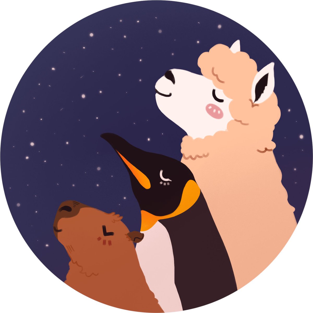 ghulesdraws's tweet photo. This unlikely group was the fifth entry to capybara week at work. Why not howl at the stars with an alpaca and a penguin after all? 🦙🐧⭐

#capybara #capybaralove #capybaralife #alpaca #alpacalove #penguin #pinguin #penguinlove #animalart #animaldrawing #digitalart #procreate https://t.co/8jAlJVuSDz